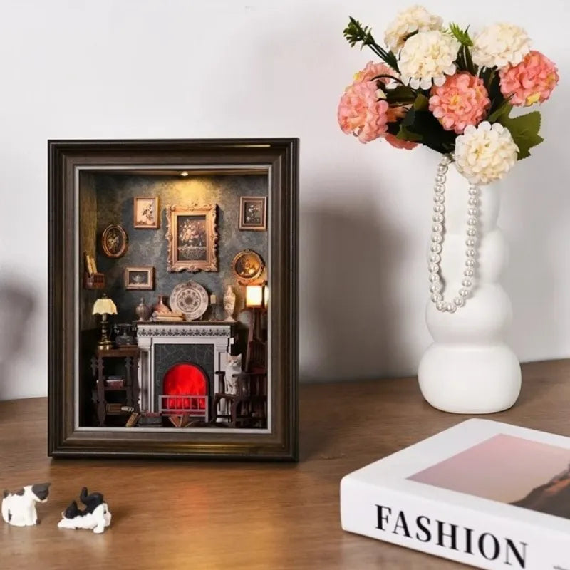 Kit de diorama con marco de fotos 3D de una sala con chimenea
