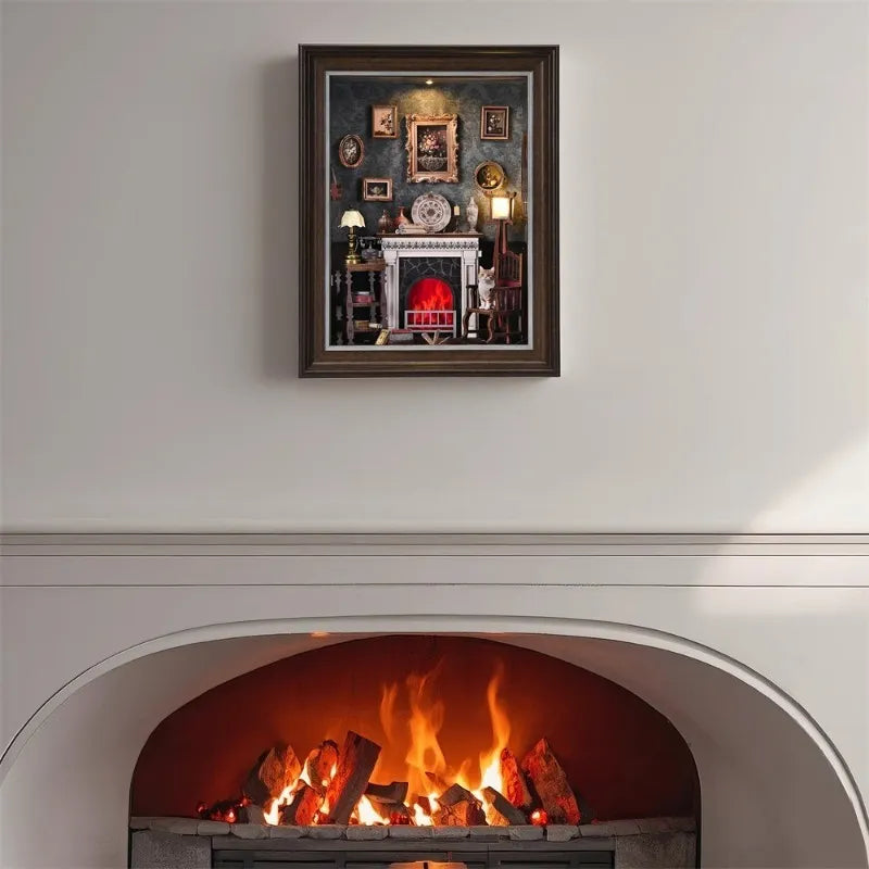 Kit de diorama con marco de fotos 3D de una sala con chimenea