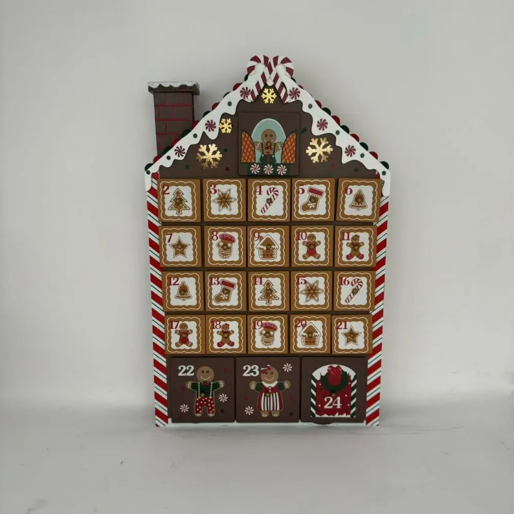 Calendario de Adviento de madera en forma de casita de jengibre