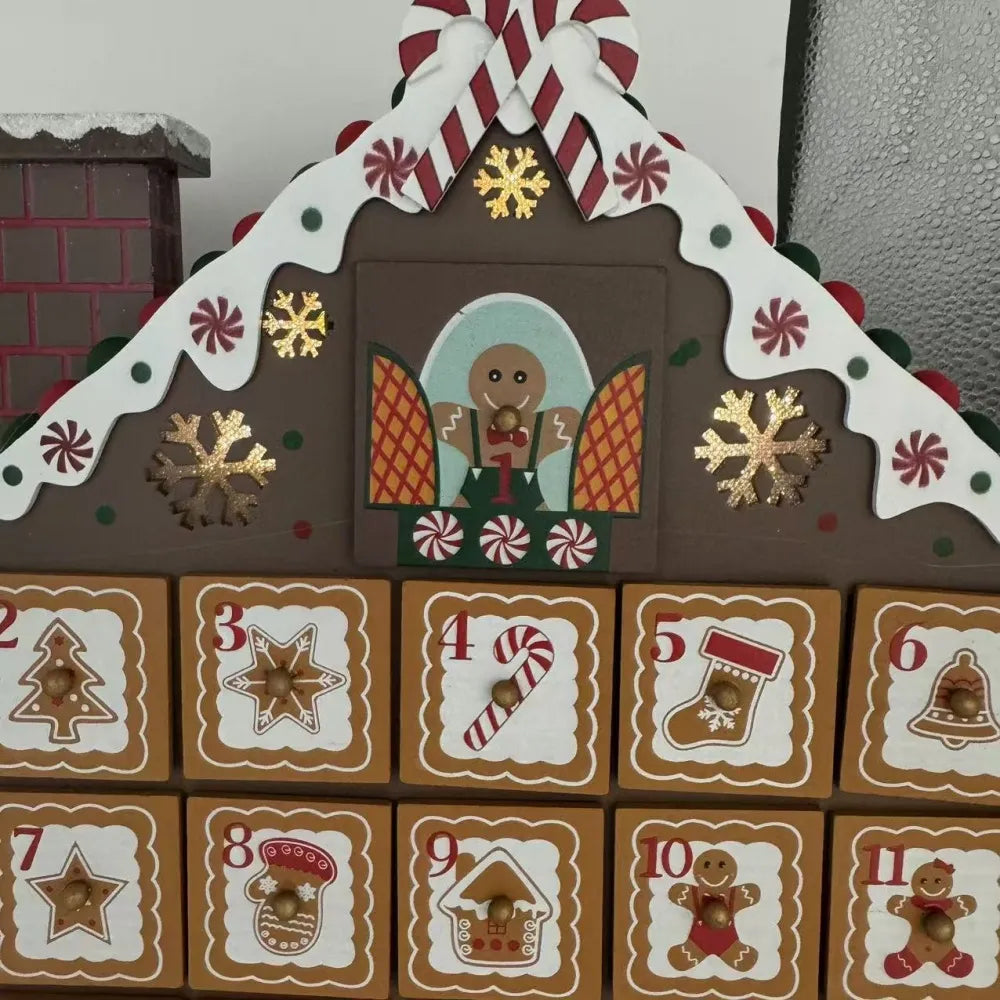Calendario de Adviento de madera en forma de casita de jengibre