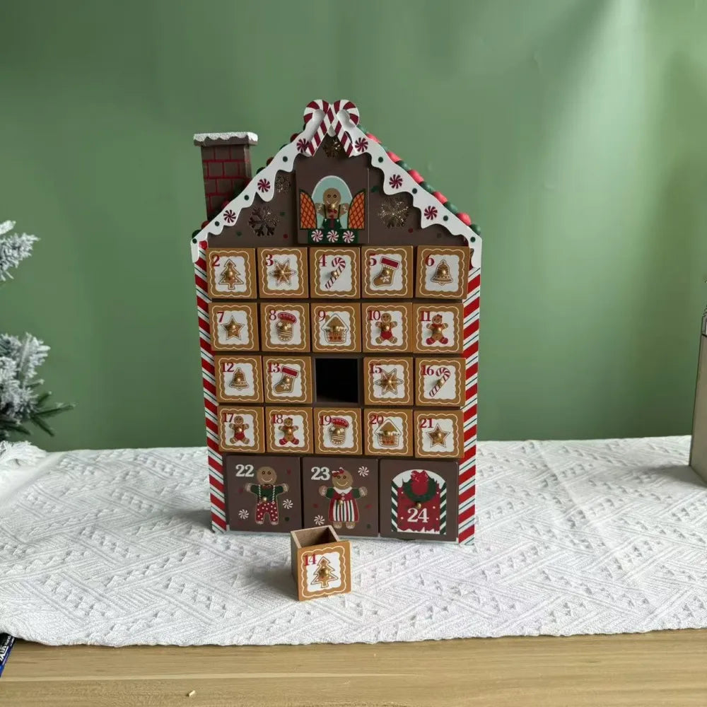 Calendario de Adviento de madera en forma de casita de jengibre