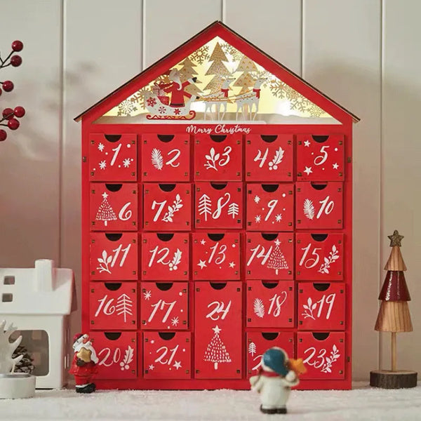 Calendario de Adviento de Madera Rojo con Luz LED