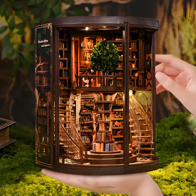 Kit de Book Nook Wisdom Rings Tree Library – Biblioteca en miniatura DIY con luz LED