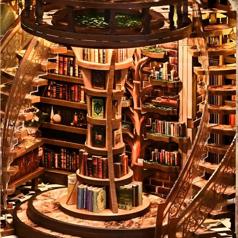 Kit de Book Nook Wisdom Rings Tree Library – Biblioteca en miniatura DIY con luz LED