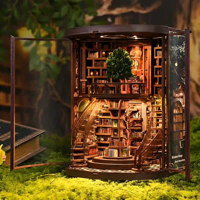 Kit de Book Nook Wisdom Rings Tree Library – Biblioteca en miniatura DIY con luz LED
