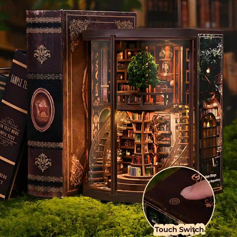 Kit de Book Nook Wisdom Rings Tree Library – Biblioteca en miniatura DIY con luz LED