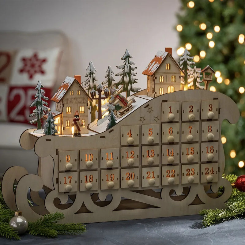 Calendario de Adviento de pueblo navideño de madera