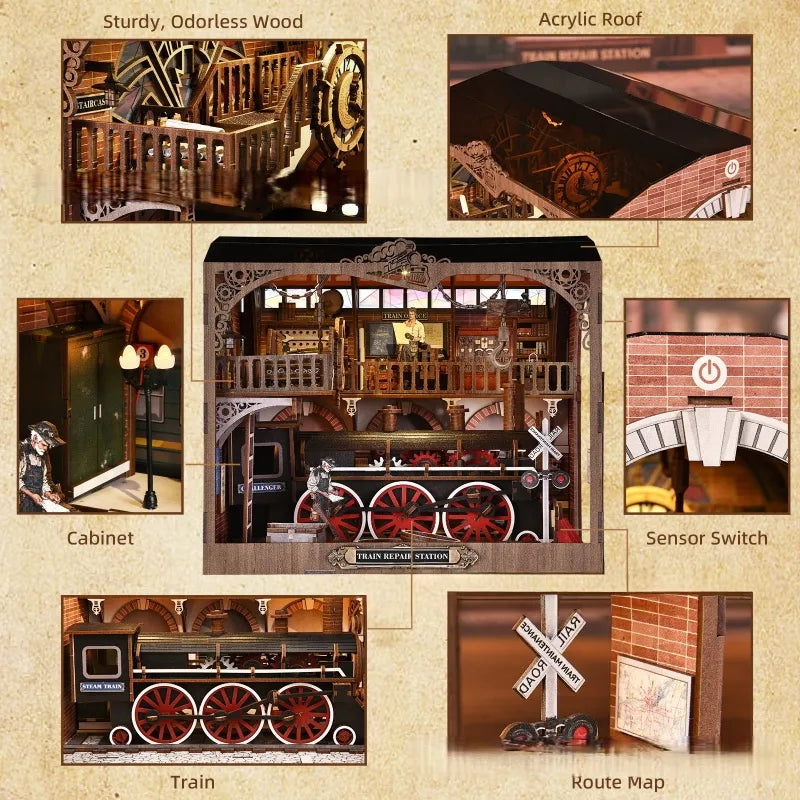 Kit de Book Nook de Estación de Reparación de Trenes