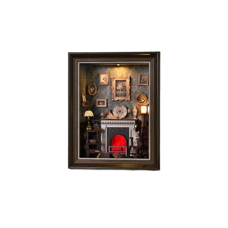 Kit de diorama con marco de fotos 3D de una sala con chimenea