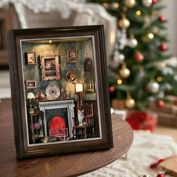 Kit de diorama con marco de fotos 3D de una sala con chimenea