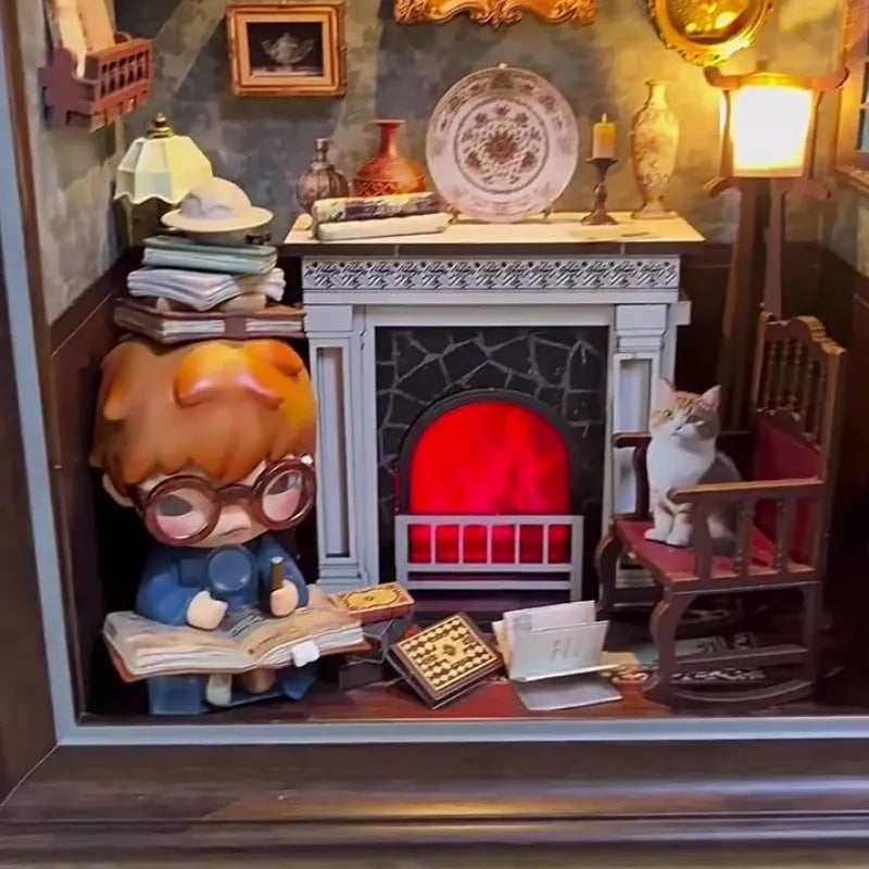 Kit de diorama con marco de fotos 3D de una sala con chimenea