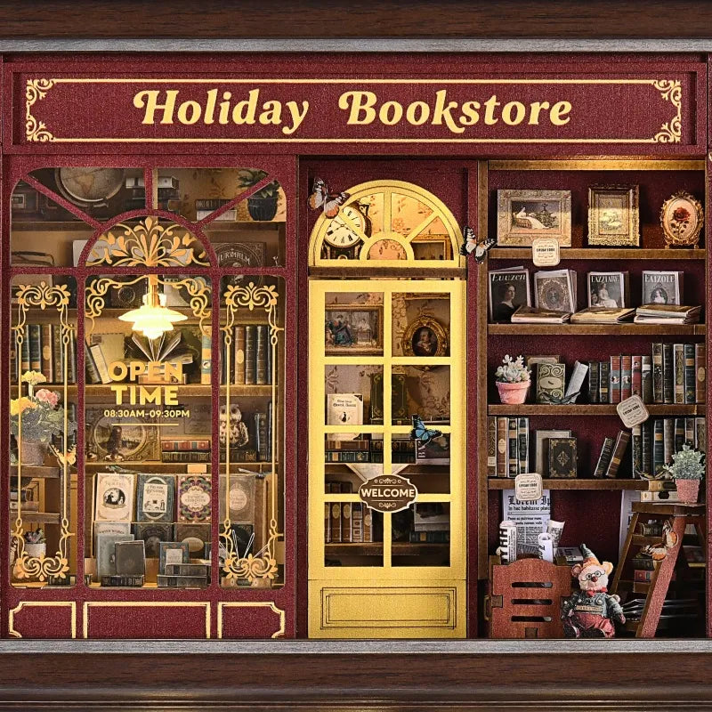 Kit de marco de fotos 3D de librería navideña en la esquina de la calle
