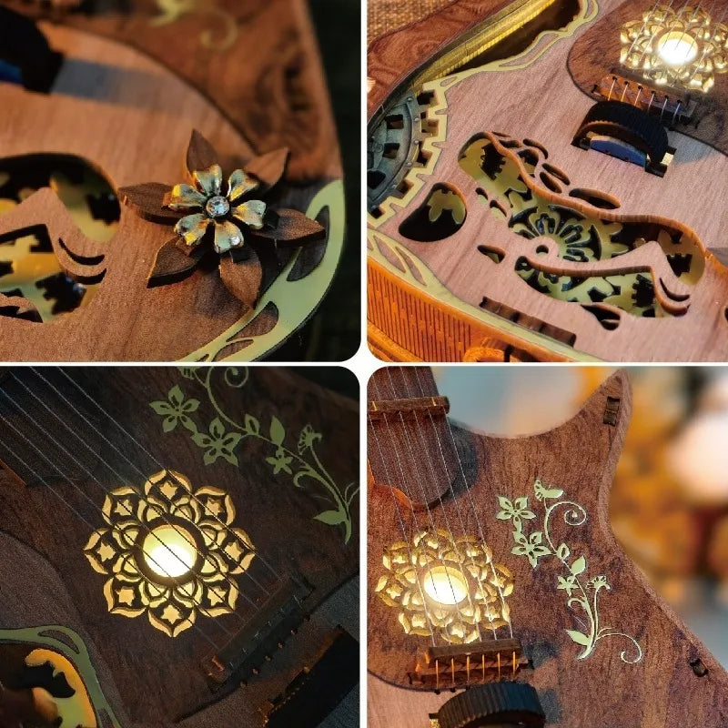 A guitar with its workings on show