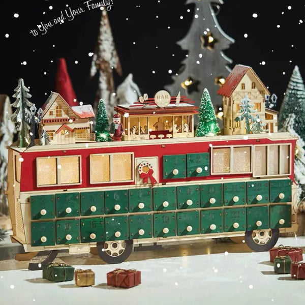 Calendario de Adviento de madera con escenas de autobús