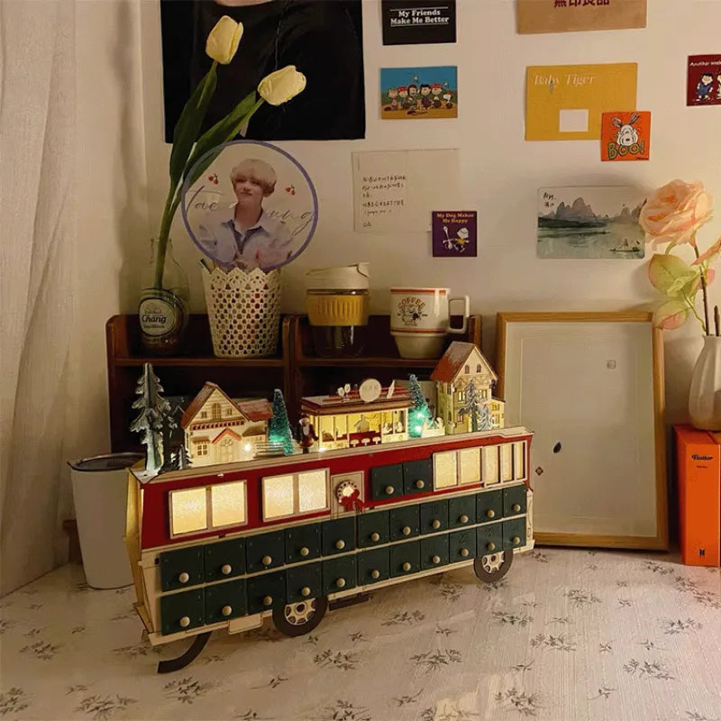 Calendario de Adviento Escena de Autobús de Madera