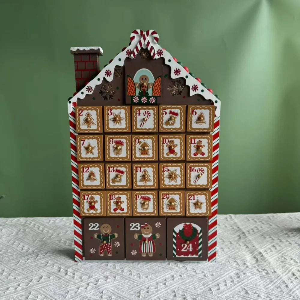 Calendario de Adviento de madera en forma de casita de jengibre