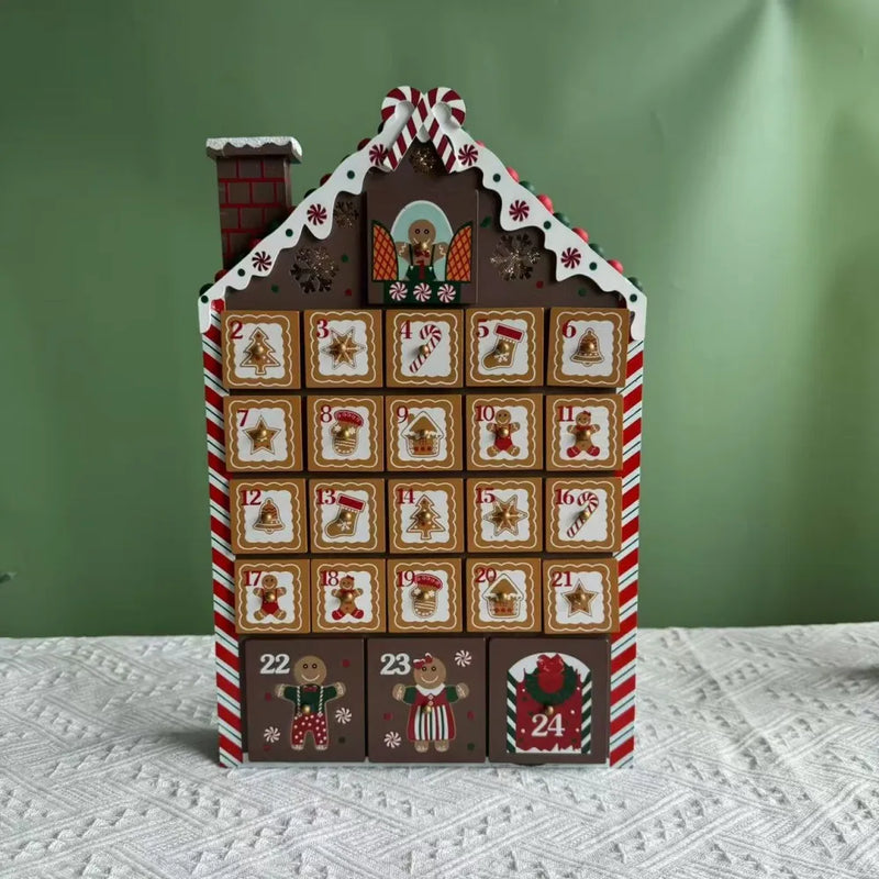 Calendario de Adviento de madera en forma de casita de jengibre