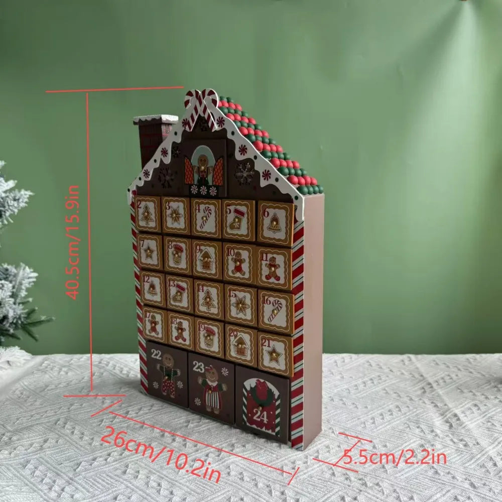 Calendario de Adviento de madera en forma de casita de jengibre